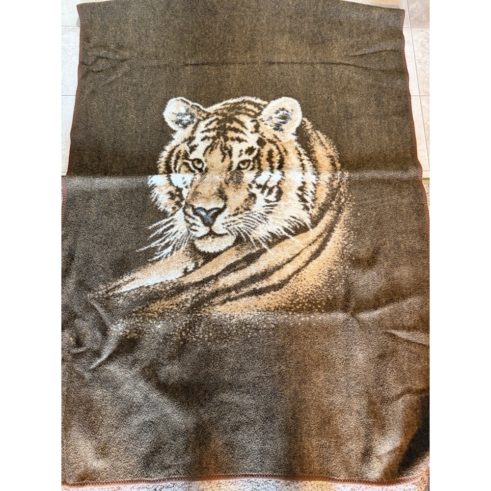 Biederlack Vintage Tiger Throw Blanket‎ Reversible Brown Cream Germany 54x80